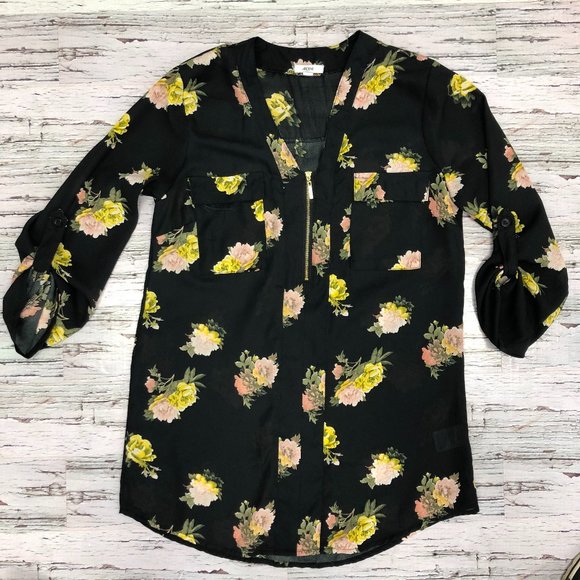 Ardene Black Floral Blouse 3/4 Sleeve Size XS - Picture 1 of 6